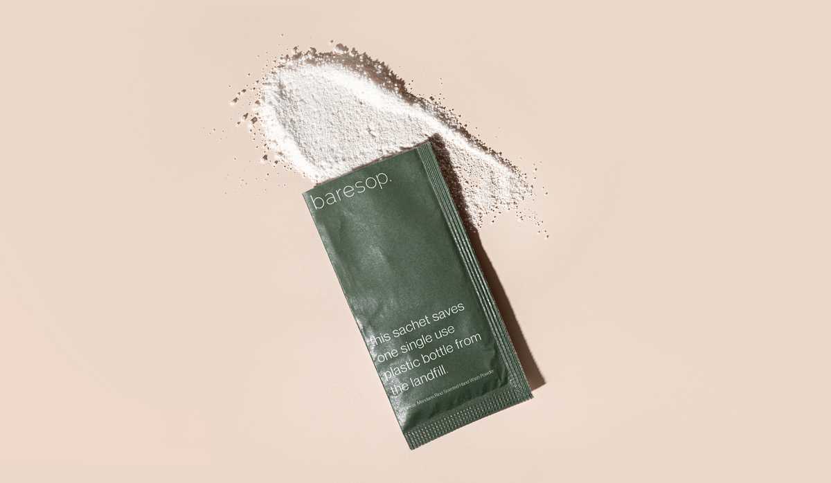 A photo of a baresop sachet & powder.