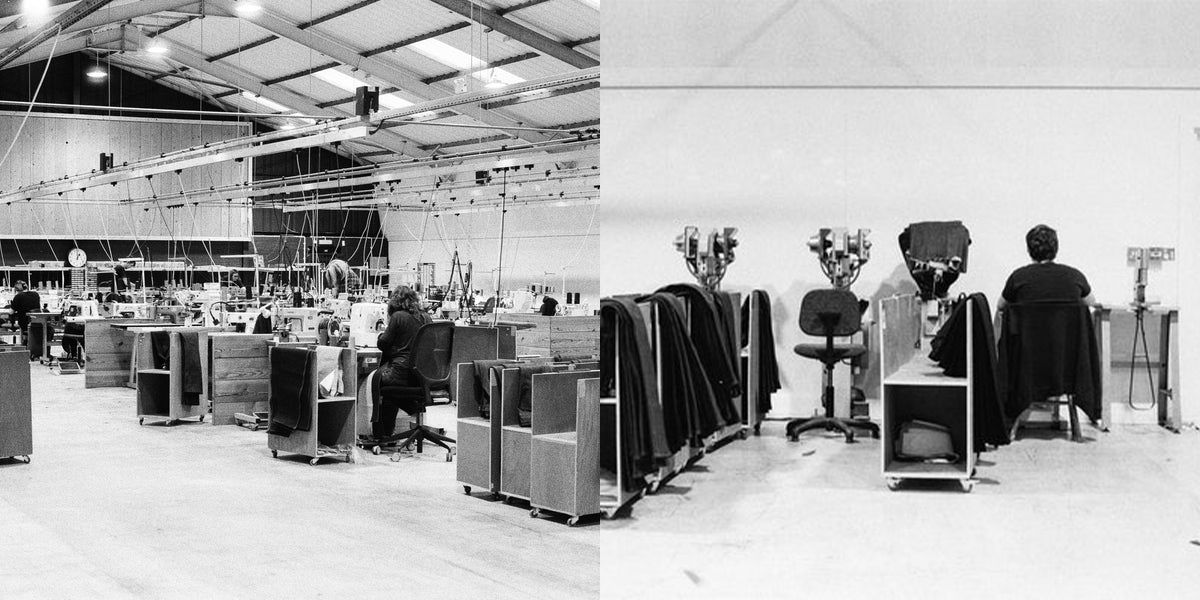 Two black and white images of a small factory warehouse with people sitting at sewing machines. 