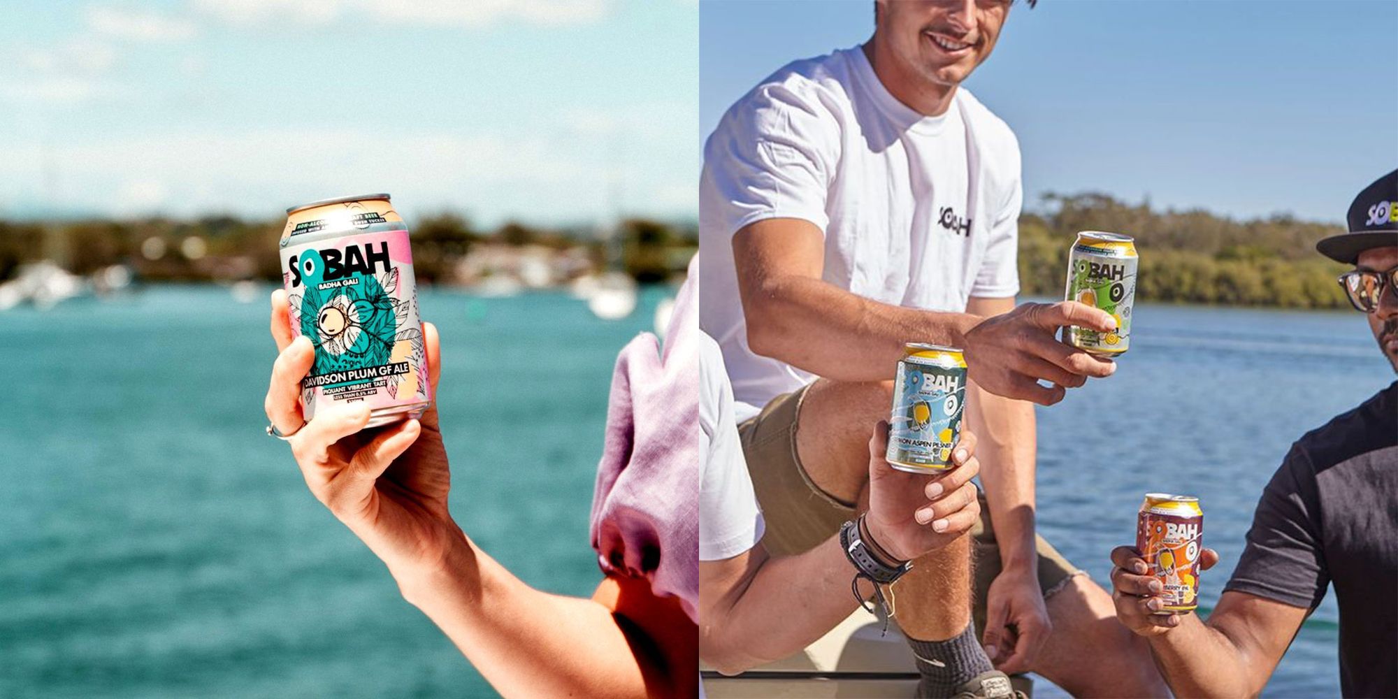 Left image is a person holding a can of Sobah, right image is three people holding a can each