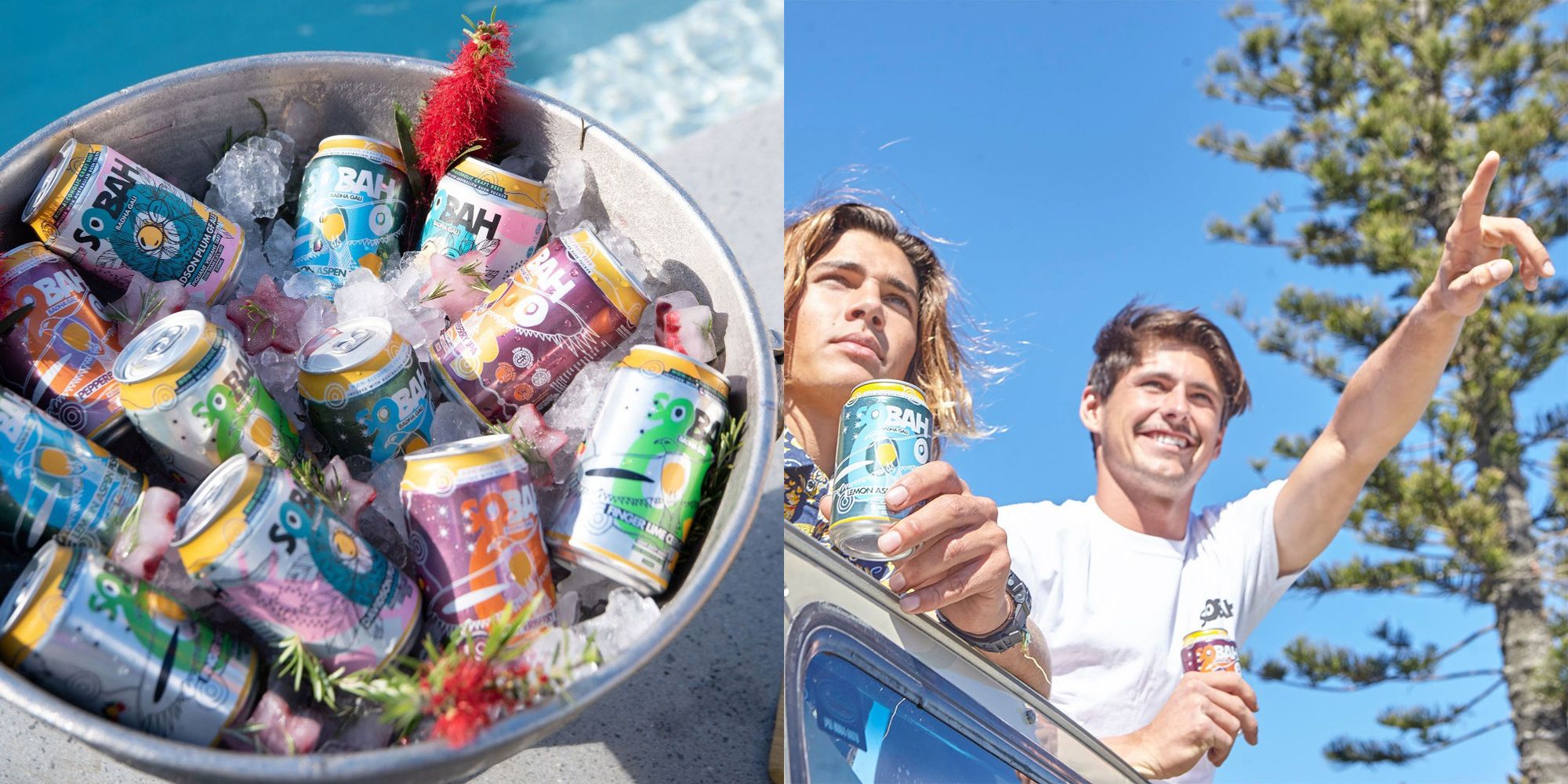 Left image is a bucket of Sobah drinks, right image is two people drinking with one pointing into the distance. 